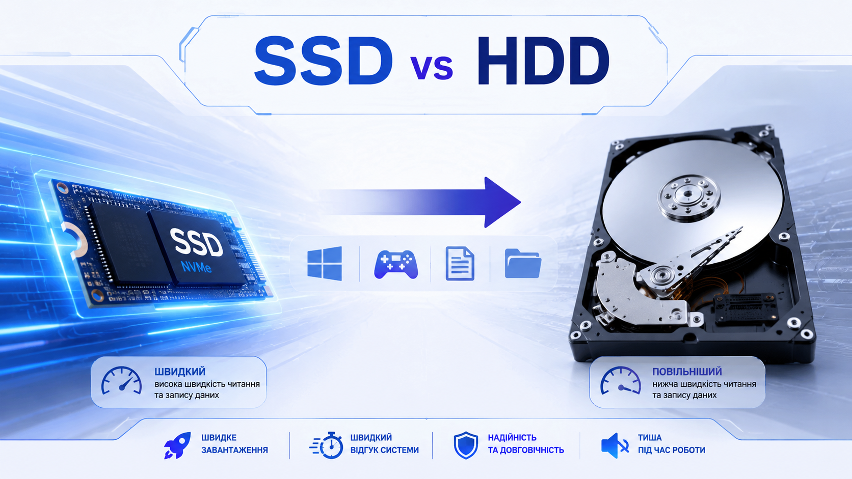 SSD і HDD поруч у сучасній IT-ілюстрації з порівнянням швидкості накопичувачів для комп’ютера