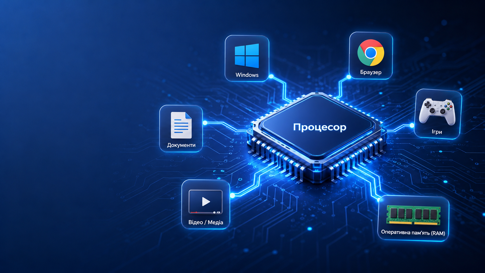 Процесор комп’ютера CPU у вигляді мікросхеми з іконками програм, Windows, браузера, ігор і документів
