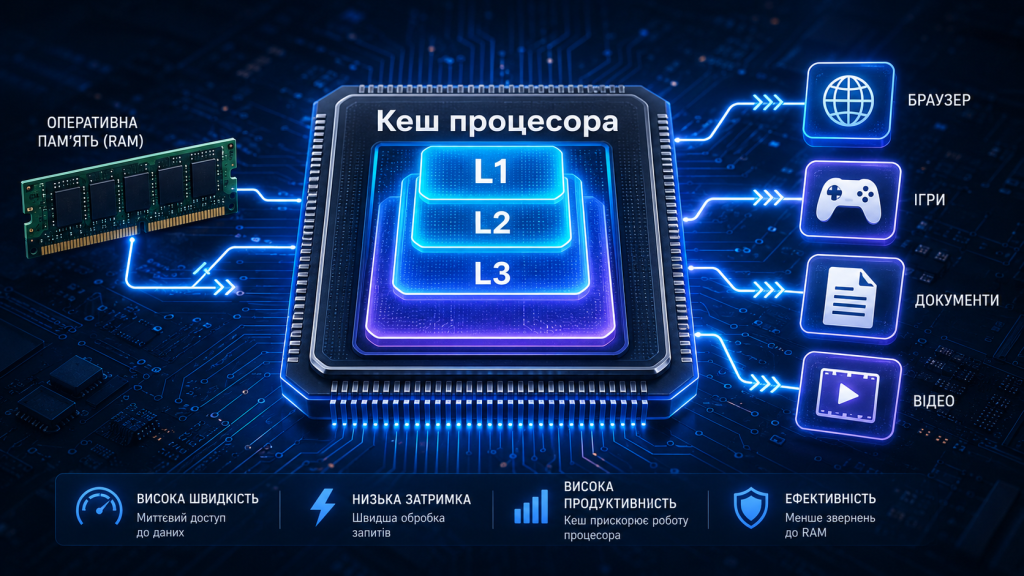 Кеш процесора CPU з рівнями L1 L2 L3, оперативною пам’яттю RAM та іконками програм у сучасній IT-ілюстрації