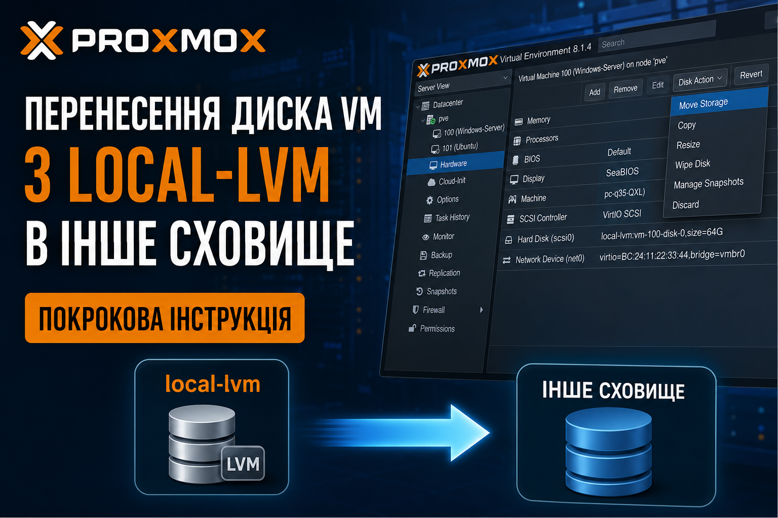 Як перенести диск віртуальної машини з local-lvm в інше сховище